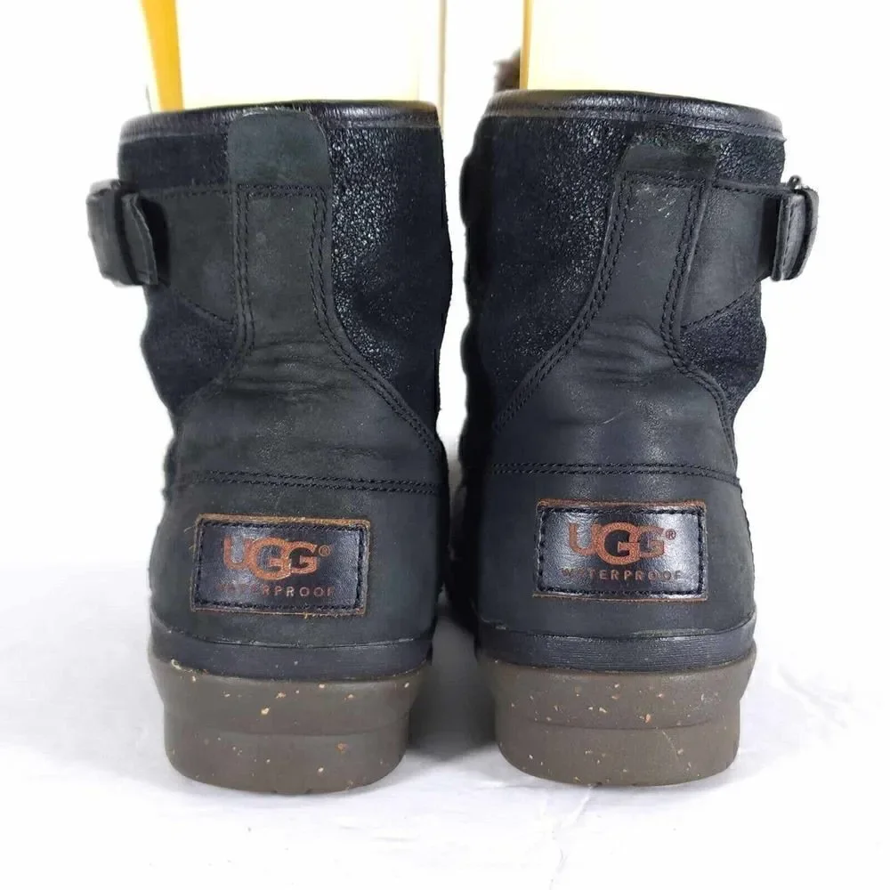 UGG Women's Cecile US 6 Black Leather Waterproof Sheepskin Lined Duck Boots